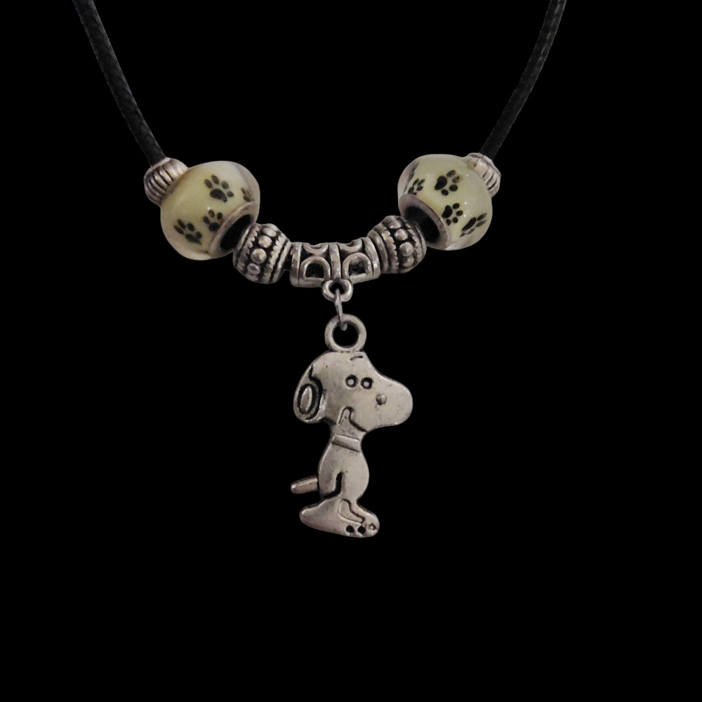Hand Crafted Silver Dog Pendant Necklace with Cream Paw Beads